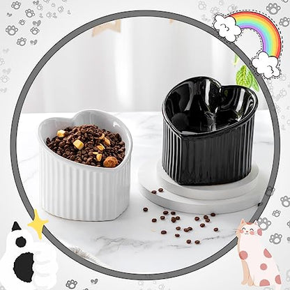 Mumufy 2 Pcs Ceramic Elevated Cat Bowls Tilted Elevated Raised Pet Bowls Anti Vomit Cat Dish for Indoor Stress Free Water Dish Feeder for Puppies, Heart Shaped(Pearly White, Black) - color: Pearly White, Black