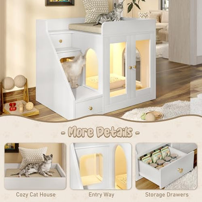 Merax Cat Litter Box Enclosure Furniture with Light,Hideaway Litter Box Furniture with 2 Storage Drawers for Living Room,White - color: White