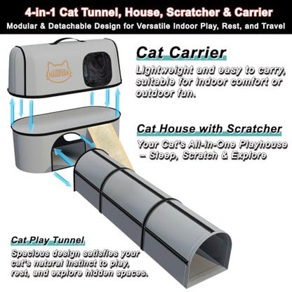 Pet 4-in-1 Cat Tunnel, Carrier, House & Scratcher – Detachable and Combinable – Indoor Beds, Outdoor Use, Cat Toys & Furniture (Gray)