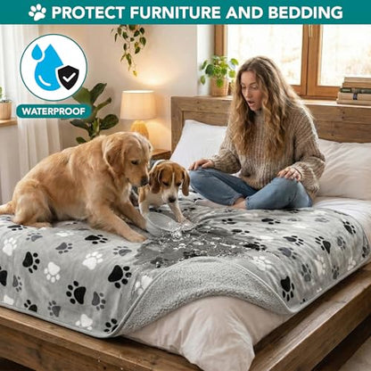 PETAMI Sherpa Fleece Waterproof CAT and Dog Blanket, PAW Gray, Large - color: Paw Gray, size: Large (40x60)