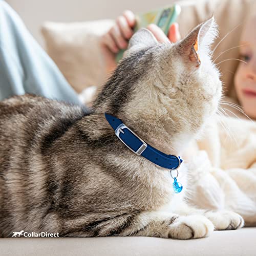 CollarDirect Leather Cat Collar with Removable Bell – Safety Elastic Strap (Breakaway Alternative) – Kitten Collar for Small & Big Boy & Girl Cats - color: Navy Blue, size: Neck Fit 6"-7"