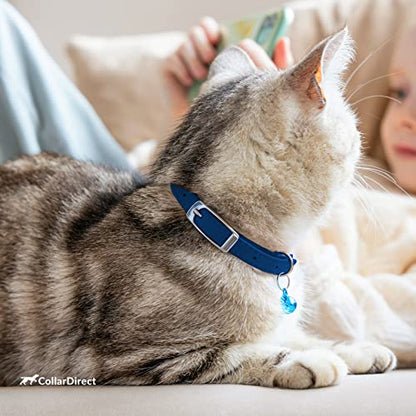 CollarDirect Leather Cat Collar with Removable Bell – Safety Elastic Strap (Breakaway Alternative) – Kitten Collar for Small & Big Boy & Girl Cats - color: Navy Blue, size: Neck Fit 6"-7"
