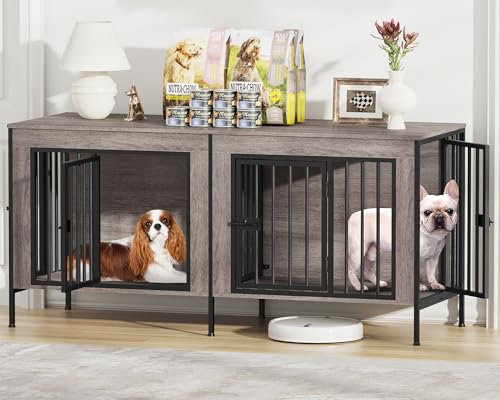 EasyCom Dog Crate Furniture for 1 or 2 Dogs, Heavy Duty Single/Double Dog Crates for Small/Medium/Large Dogs, Dog Kennel Furniture Indoor as TV Stand, Small Size 55.12" L(0-20 Pounds), Oak Grey - color: Oak Grey, size: 55.1"L x 20.5"W x 26.2"H