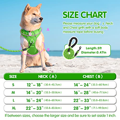 PoyPet No Pull Dog Harness and 5 Feet Leash Set, Release on Neck Reflective Adjustable Pet Vest, Front & Back 2 D-Ring and Soft Padded Pet Harness with Handle for Small to Large Dogs(Green,M) - color: Green, size: Medium