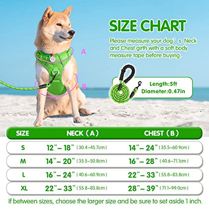 PoyPet No Pull Dog Harness and 5 Feet Leash Set, Release on Neck Reflective Adjustable Pet Vest, Front & Back 2 D-Ring and Soft Padded Pet Harness with Handle for Small to Large Dogs(Green,M) - color: Green, size: Medium