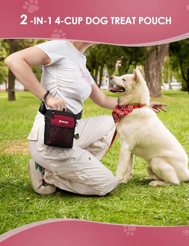 Gobeigo Dog Treat Pouch, Magnetic Closure & Sealable Silicone Bag Insert, 4-Cup Capacity – Belt Clip/Waist Belt/Crossbody Wear, Clicker Included – Great for Pet Training & Walking (Red) - color: Red