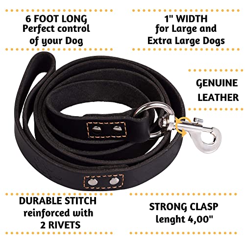 ADITYNA Heavy Duty Leather Dog Leash 6 ft x 1" - Strong, Soft Training Lead for Large & Extra Large Breeds (XL - 6 ft x 1 inch, Black) - color: Black, size: XL - 6 ft x 1 inch
