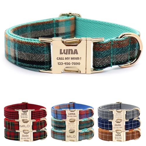 Custom Dog Collar with Name and Phone Numbers - Personalized Laser-Engraved Plaid Polyester Collar with Metal Buckle and D-Ring (Style-B, XL (15-24 Inches)) - color: Style-B, size: XL (15-24 Inches)