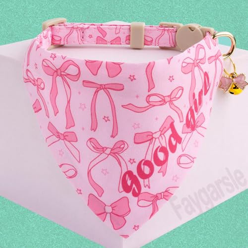 Faygarsle 2 Pack Pink Bow Pattern Cat Collar Set with Bandana and Bowtie, Breakaway Safety Collar with Bell Spring Summer Design for Girl Cats - color: Pink Bow