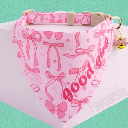 Faygarsle 2 Pack Pink Bow Pattern Cat Collar Set with Bandana and Bowtie, Breakaway Safety Collar with Bell Spring Summer Design for Girl Cats - color: Pink Bow