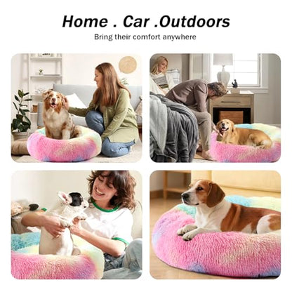 Calming Donut Dog Bed for Small to Medium Dogs & Cats - Plush Faux Fur Anti-Anxiety Pet Bed with Machine Washable Cover & Non-Slip Base - color: Rainbow, size: Small 19.6''