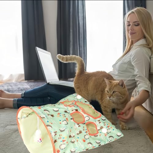 SYCOOVEN Cat Tunnel Bag for Indoor Cats, Pet Collapsible Tunnel Crinkle Sack Bag with 1 Little Mouse & Toy Ball, Crinkle Paper Interactive Cat Toys Hide and Seek(Green Pattern) - color: green pattern