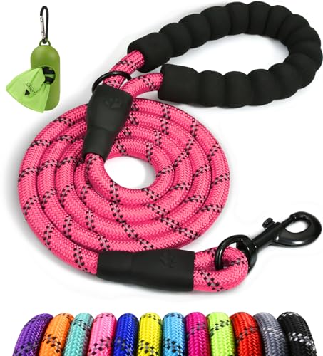 Taglory Rope Dog Leash 5 FT with Comfortable Padded Handle, Highly Reflective Threads Leash and Anti-Tangle Clip for Walking Medium Large Dogs, 1/2 inch, Pink - color: Pink, size: 1/2" x 5 FT (20~120 lbs.)