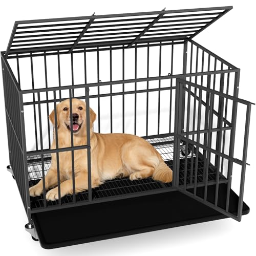48 inch Heavy Duty Dog Crate with Dual Doors and Lockable Wheels, Large Dog Kennel Indoor, Removable Tray for Easy Cleaning, Dog Cage for Medium to Large Breeds and Anxious Dogs - color: Black, size: 46.9"L x 29.3"W x 32.2"H