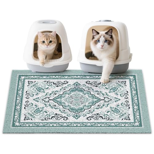 Cat Litter Mat 33" x 22" Non-Slip Litter Box Mat Washable Litter Catcher Mat for Litter Box Indoor Food Mat Supplies Essentials, Dark Cyan - color: Dark Cyan, size: 33X22in