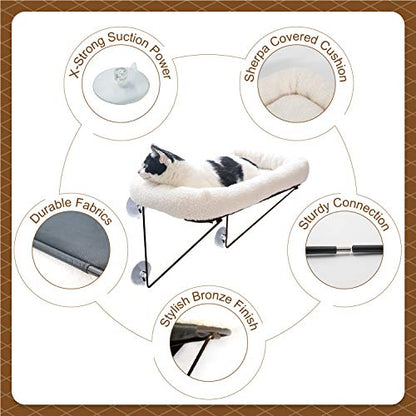 Zakkart Cat Window Perch - 100% Metal Supported from Below - Comes with Warm Spacious Pet Bed - Cat Window Hammock for Large Cats & Kittens - for Sunbathing, Napping & Overlooking (White) - color: White
