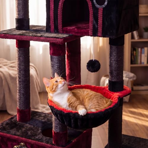 Dansydaisy 3 Pack 14.6" Large Cat Tree Hammock Basket Bed Lounger Tower Replacement Parts with 6 Pcs Hanging Elastic Strings Pom Pom Toys, Cat Tree Accessories Hammock Attachment (Red and Black) - color: Red and Black, size: 14.6"