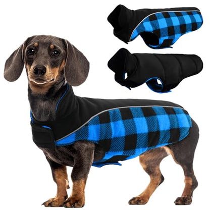Kuoser Dog Winter Coat, Reversible Waterproof Dog Jacket with Reflective Strip, Warm Dogs Fleece Vest Adjustable Doggy Cold Weather Clothes Plaid Christmas Outfit Pet Apparel for Small Dogs, Blue S - color: Blue, size: Small (Chest Girth: 13.8-17.3'' )