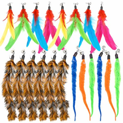 20 pcs Pack Cat Wand Feather Toy Refills with Bells , Natural Feather Replacement for Interactive Teaser Toys, Colorful Wand Attachments, Durable and Safe Cat Toy Accessories for Exercise and Play