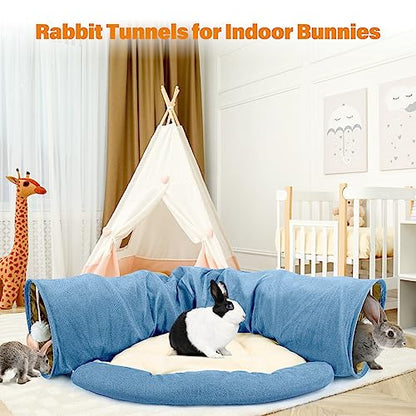BWOGUE Bunny Tunnel Bed, 2-in-1 Collapsible Tunnel Tubes Toys with Removable Mat Hideout for Cats Kittens Rabbits Guinea Pigs Kitty - color: Blue