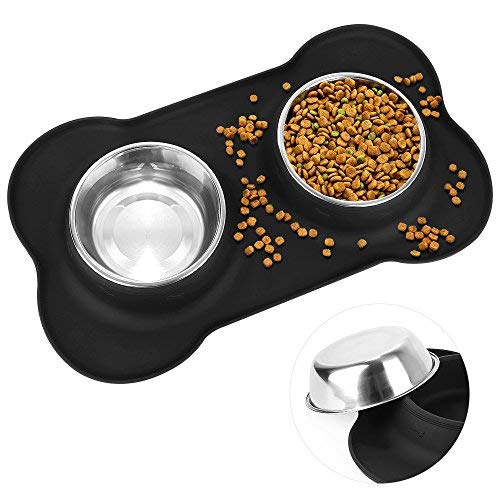 Non Spill Dog Bowls, Stainless Steel Dog Cat Bowl with Non-Skid Silicone Mat, 28-30 oz Basic Feeder/Water Bowls for Pet Set of 2 (Medium)