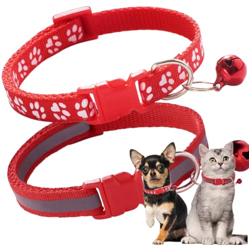 Red Small Dog Collar with Bell, 2-Pack Female Cat Collars with Bell, Reflective Strip Dog Bells Collar Nylon Adjustable for Puppy XXS XSmall Small Girl Dogs Kitten, X-Small - color: Reflective Red