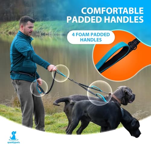 SparklyPets - Hands Free Dual Dog Leash for Medium and Large Male Dogs - Padded Handles, Reflective Stitches, No Pull, Tangle Free - Walking, Hiking, Jogging, Canicross Waist Leash - Gradient Blue - color: Gradient Blue, size: 2 dogs M/L