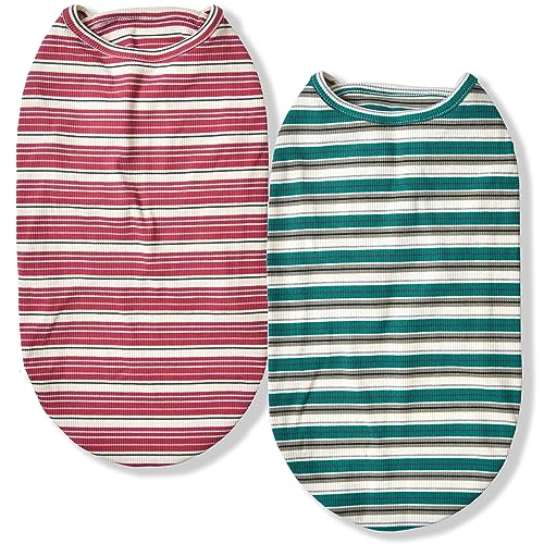 Dog Shirts Vest Cotton Striped T-Shirt, Sleeveless Stretchy Pet Clothes for Small Dogs, 2-Pack Soft Breathable Puppy Tank Top Cat Tee (Small, Pine Green,Plum Red) - color: Pine Green,Plum Red, size: Small