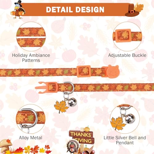 SCENEREAL Fall Cat Collar with Bell & Stylish Bowtie, Turkey Maple Leaf Pattern Breakaway Cat Collars Accessories for Boy Girl Small Cats, Holiday Thanksgiving Kitten Costumes for Female Male Pets - color: Stylish Bow (Thanksgiving/Fall)