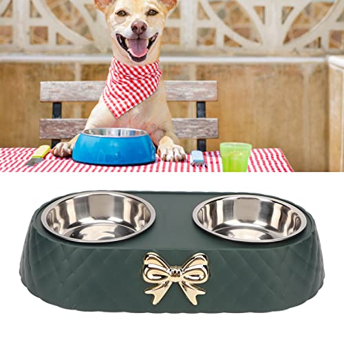 Stainless Steel Double Pet Bowls with Bowknot Decor Holder, Prevent Slip Cat and Dog Food Water Bowls, Cat Food Bowl Elevated, Dog Bowls Elevated, Cat Food and Water Bowl Set(Dark Green) - color: Dark Green
