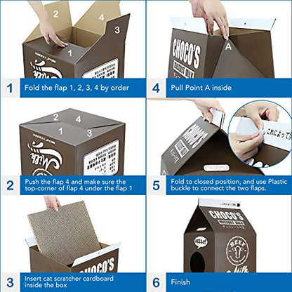 Cardboard Cat House with Scratch Pad, Corrugated Kitten Hideaway Cave, Cute Cats Condos Box, Milk Box Shape Cat Scratching House Bed, Black - color: Black Milk Box