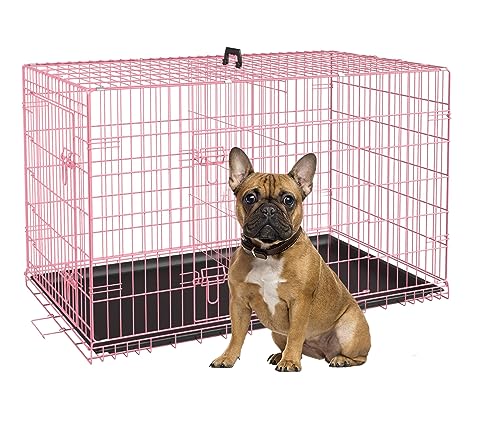 30 Inch Medium Dog Crate, Heavy Duty Dog Crates for Medium Dogs, Metal Wire Folding Dog Cage with Removable Trays, Locks, Double-Door, Divider Panel, Handle, Puppy Crate Pet Crate (30 in, Pink) - color: Pink, size: 30.0"L x 19.0"W x 21.0"H