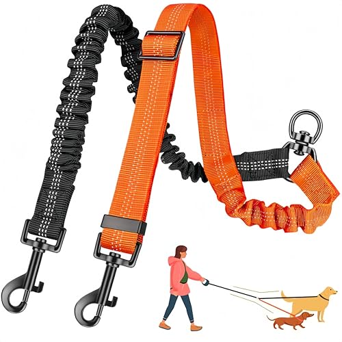 3-in-1 Double Dog Leash for Two Dogs, Adjustable Dual Leash with 360° Swivel & Bungee Shock Absorption, No-Tangle Reflective Coupler,for Walking, Running, Training (Black+Orange) - color: Black+Orange