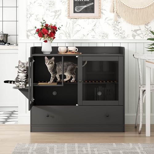 Extra Large Cat Litter Box Enclosure Furniture Hidden, Cat Condo Cabinet Pet House with Stairs for 2, Nightstand Side Table witha Large Drawer for Living Room, Black - color: Black