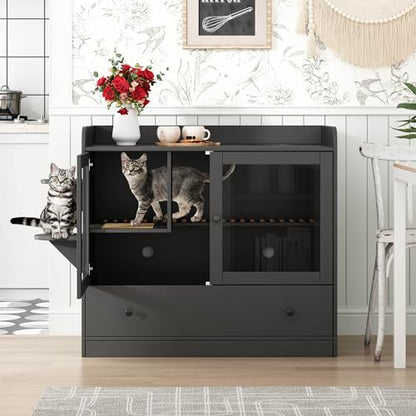 Extra Large Cat Litter Box Enclosure Furniture Hidden, Cat Condo Cabinet Pet House with Stairs for 2, Nightstand Side Table witha Large Drawer for Living Room, Black - color: Black