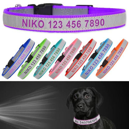 Reflective Personalized Dog Collar - Custom Embroidered Pet Name and Phone Number with Adjustable Nylon Buckle Collars in 5 Sizes XS to XL for Boy and Girl Dogs,Puppy,Purple - color: Purple