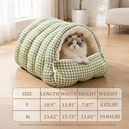 Small Cat Dog Cave Bed Calming Pet Nest Warm Plush Covered Cat House with Hooded Blanket Removable Hooded Blanket Cushion Washable Soft Calming Indoor Cat Bed (Green, Medium) - color: Green, size: Medium