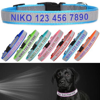 Reflective Personalized Dog Collar - Custom Embroidered Pet Name and Phone Number with Adjustable Nylon Buckle Collars in 5 Sizes XS to XL for Boy and Girl Dogs,Puppy,Sky Blue - color: Sky Blue