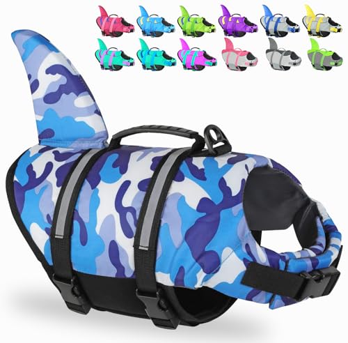 Shark Dog Life Jacket, Adjustable Dog Life Vest with Shark Fin, Suit for Small Medium Large Dog Life Vest for Swimming, Boating, Pool, Beach - color: Blue-Camo-Shark, size: X-small