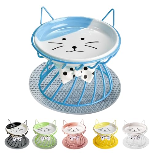 Raised Cat Food Bowl - Elevated Feeder Stand with Shallow Ceramic Dish, Whisker-Friendly No-Spill Water Bowl - color: Blue