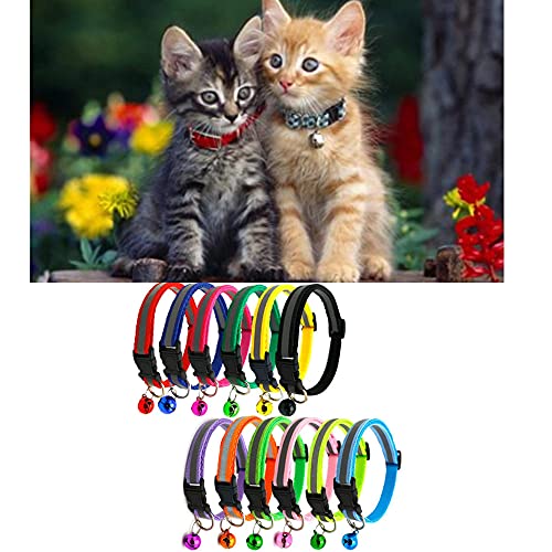 Cat Collar with Bell - 12pcs Mixed Colors Reflective Collars for Cats or Small Dogs, Soft Nylon, Neck 7.8" - 13"