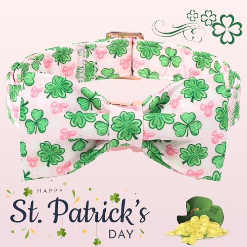 DOGWONG St. Patrick's Day Shamrock Dog Collar with Bow,Pink Green Four Leaf Clover Pattern Dog Collar, Adjustable Durable Soft Collars Irish Gift for Male Female Dogs,S - color: C-Pink shamrock bow, size: S