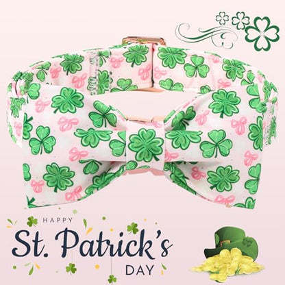 DOGWONG St. Patrick's Day Shamrock Dog Collar with Bow,Pink Green Four Leaf Clover Pattern Dog Collar, Adjustable Durable Soft Collars Irish Gift for Male Female Dogs,S - color: C-Pink shamrock bow, size: S