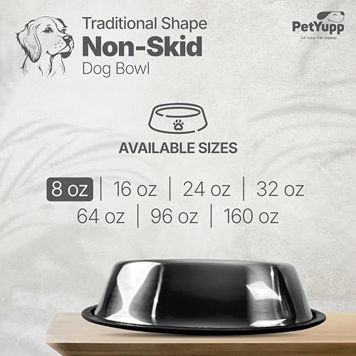 Stainless Steel Non Skid Dog Bowl – Non-Slip Rubber Base, Rust-Proof & Dishwasher Safe – Durable Food and Water Bowl for Small Dogs, Puppies & Kittens – 8oz - size: Non Skid Bowl - 8 oz