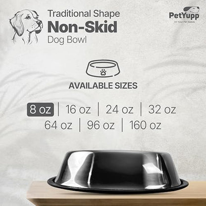 Stainless Steel Non Skid Dog Bowl – Non-Slip Rubber Base, Rust-Proof & Dishwasher Safe – Durable Food and Water Bowl for Small Dogs, Puppies & Kittens – 8oz - size: Non Skid Bowl - 8 oz