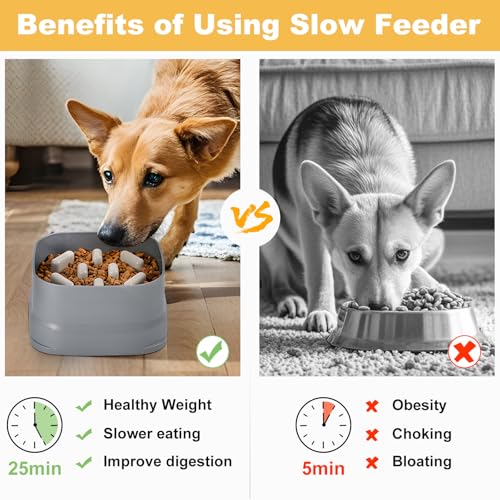 Slow Feeder Dog Bowls Large Breed Puppy Puzzle Feeding Dish Maze Feed Bowl Small Medium Dogs Plate Adjustable Ridges to Slower Down Eating Anti-slip Easy to Clean Indoor Use 7.5*7.5*4 in(Grey)