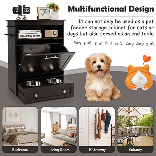 Dog Food Cabinet Feeding Station with 2 Raised Bowls, Pull Out Elevated Dog Bowl, Storage, 3 Hangers, Pet Feeder Toy Leashes Organizer, Brown - color: Brown