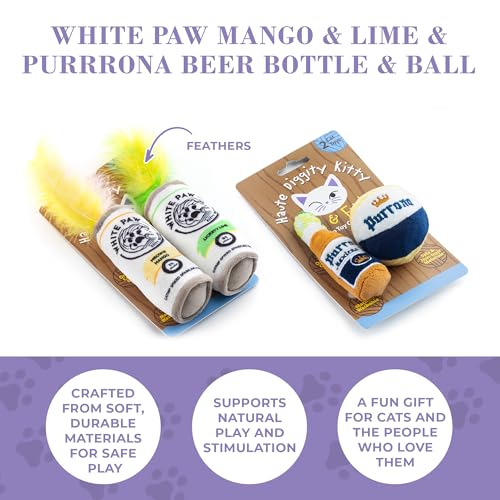 Haute Diggity Kitty White Paw Mango & Lime + Purrrona Beer Bottle & Ball Set, Plush Cat Toys Catnip Filled with Interactive Crackle Sound, Safe & Durable Toys for Cat & Kitten, 4 Pcs - style: Kitty WP Mango & Lime + Purrrona Beer Bottle & Ball
