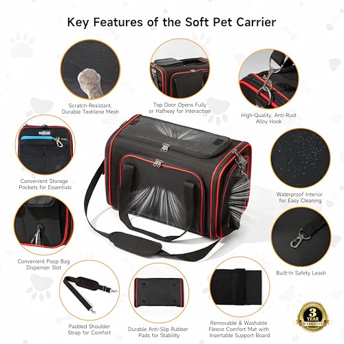 EliteField Soft-Sided Pet Carrier (3-Year Warranty, Airline Approved), Foldable Travel Bag with Removable Fleece Bed for Dogs, Cats & Small Pets, Scratch-Resistant Mesh - color: Black, size: 18.0"L x 11.0"W x 11.0"H