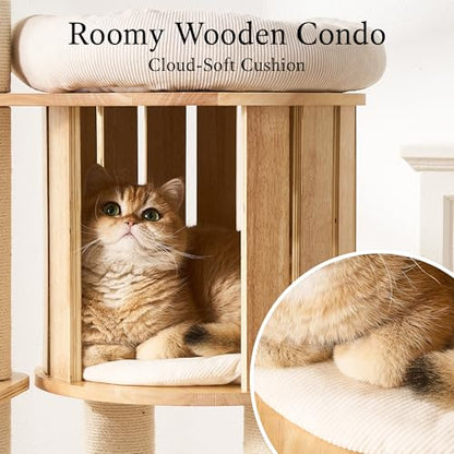 797Audio Wood Modern Cat Tree, 61.5" Cat Tower with Sisal Scratching Posts, Cat Condo, Capsule,Hamnock and Spinner Toy, Solid Wooden Aesthetic Multi-Level Cat Climbing Tree for Adult Indoor Cats-White - color: 62 Inch-Turntable-White